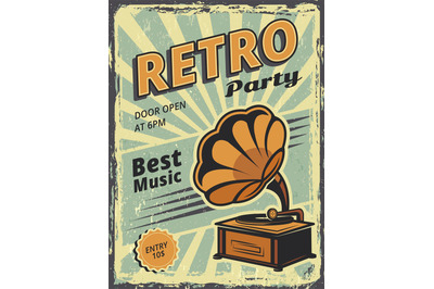 Retro party. Invitation poster with gramophone and vinyl records music