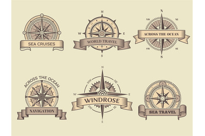 Nautical labels. Wind rose sea compass vector badges marine travel adv