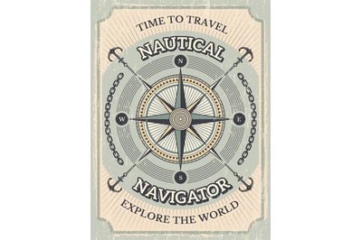 Nautical poster. Wind rose and stylized marine symbols for travelers p