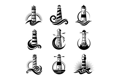 Lighthouse logo. Business stylized marine symbols oceanic waves sea ic