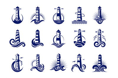 Lighthouse badges. Nautical marine travel business logos vector collec