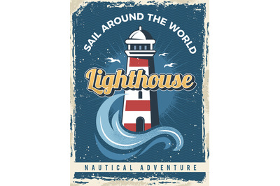 Lighthouse poster. Nautical retro placard with lighthouse travel marin