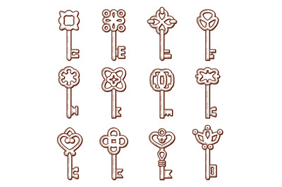 Keys icon. Silhouettes of keys and locks old victorian style vector el