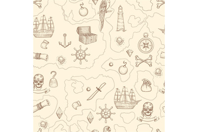 Pirate map seamless. Nautical vintage detailed adventure map with trea