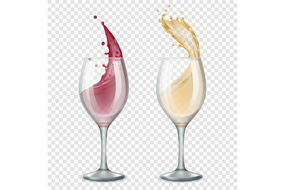 Glass wine. Alcoholic drinks splashes flowing red and white drops vect