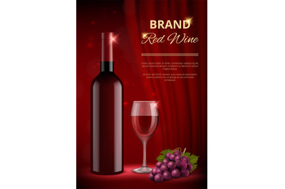 Wine ads. Alcohol promo advertizing placard with red bottles and liqui