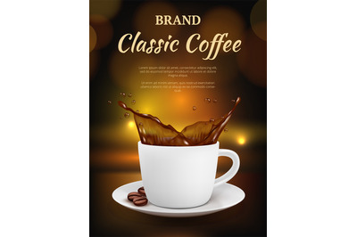 Coffee advertising. Cup with hot drinks and beverage package promotion