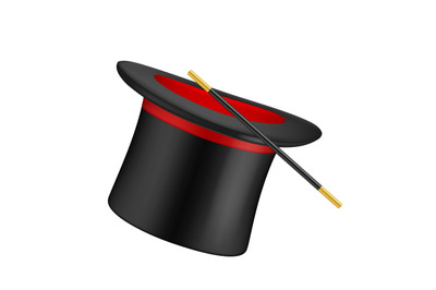 Realistic top hat. Magician symbols top hat and magical wand vector il