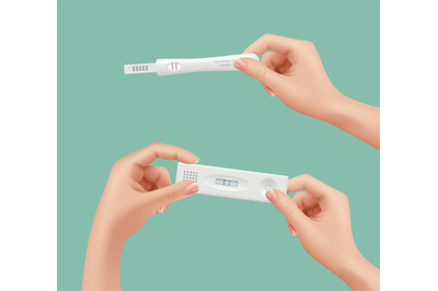 Pregnancy test in hands. Happy woman holding positive feminine test ve