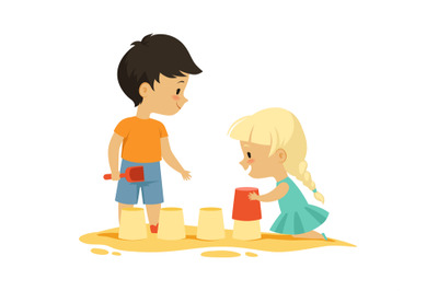 Boy girl in sandbox. Outdoor activity, isolated cartoon kids playing.