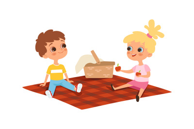 Children picnic. Boy girl eating, friendship. Isolated cartoon happy k