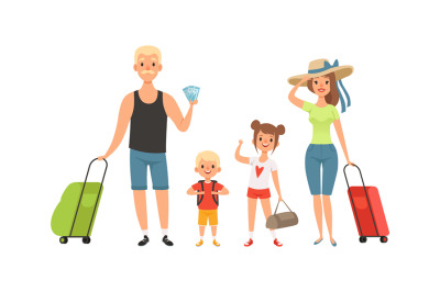 Family tourists. Man woman children with baggage. Isolated travelers g