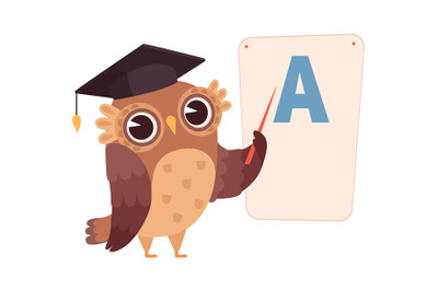 Learning letters. Owl at poster with letter A&2C; isolated night bird cha