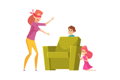 Mother playing with kids. Happy family time, peekaboo game. Mom findin