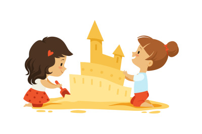 Sand castle. Little girls play in sandbox or on beach. Isolated kids o