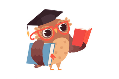 Self education. Owl reading books, isolated smart character. Cartoon b