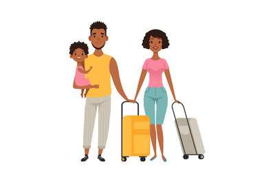 Vacation people with suitcases, family goes on vacation. Cartoon afroa