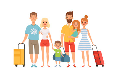 Vacation with friends. Families with children, tourists with luggage a