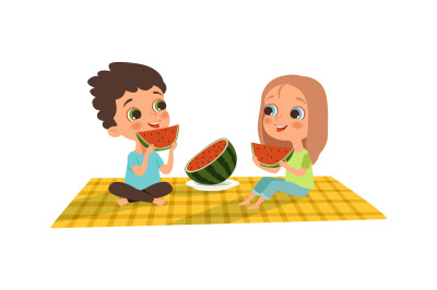 Watermelon season. Boy girl eat watermelon. Summer outdoor activity, f