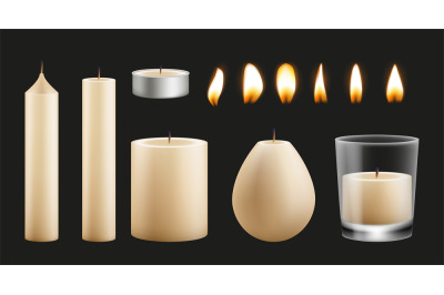 Candles kit design. Realistic wax base of different shapes and flames.