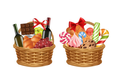 Christmas gift baskets. Realistic food packaging, grocery store festiv