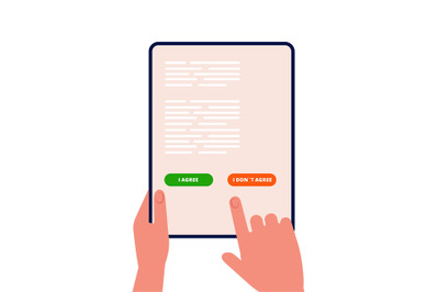 Electronic agreement. Man chooses agree disagree on tablet screen. Onl
