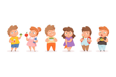 Fatty children on diet. Overweight kids eating vegetables and fruits.