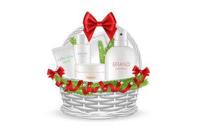 Holiday gift. Realistic christmas basket with different cosmetics bott