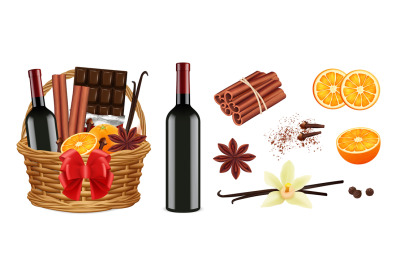 Mulled wine pack. Realistic christmas basket with wine cinnamon vanill