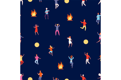 People dancing at night. Party pattern on nature, fire and happy boy g