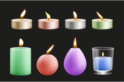 Realistic candles. Colorful wax festive burning decorations. Christmas