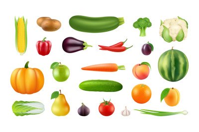 Realistic fruits vegetables. Big harvest clipart, isolated fresh farm