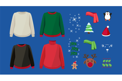 Ugly sweater design kit. Warm cardigans and winter Christmas decoratio