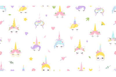 Unicorn faces pattern. Cute magic background. Fairy tale print for bab