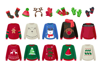 Winter cloth. Ugly sweaters hat mittens and socks. Cute Christmas time