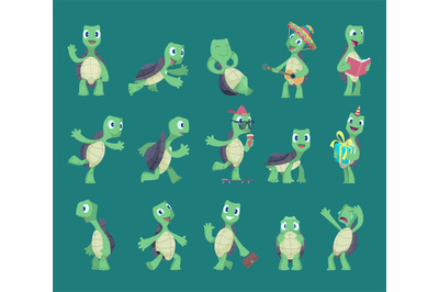 Turtles cartoon. Comic reptile funny characters in various action pose