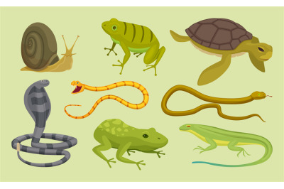 Reptiles set. Lizard snake turtles snail cartoon vector wild animals