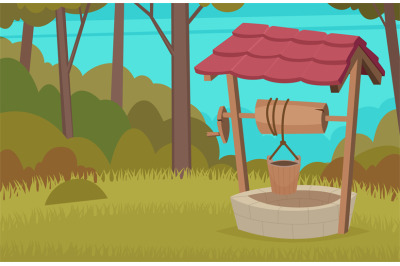 Forest water well. Construction country wood vector wellness cartoon b