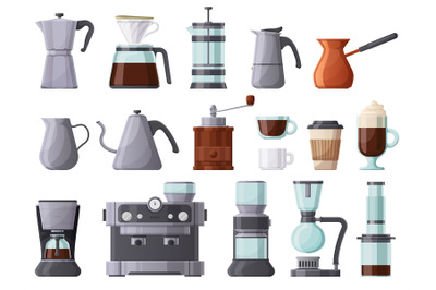 Coffee machines, french press, cezve, pot, aeropress and espresso mach