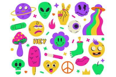 Psychedelic surreal abstract neon stickers and funny cartoon elements.