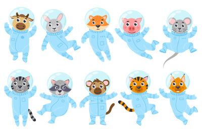 Cartoon cute animals&2C; pig&2C; mouse and cat astronauts in space suits. Sp