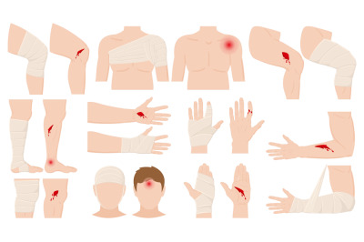 Cartoon physical injury, wound bandage application concept. Open and b