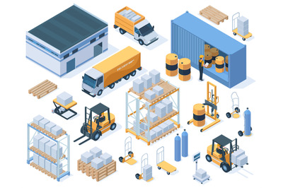 Isometric storage buildings, cargo trucks and warehouse workers. Indus