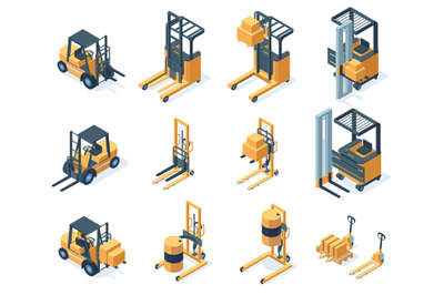 Isometric warehouse hydraulic cargo forklift trucks. Storage equipment