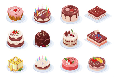 Isometric birthday event tasty strawberry, vanilla, chocolate cakes. D