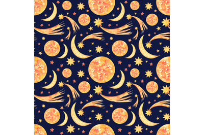 Cosmos watercolor seamless pattern. Moon, sun, star, comet