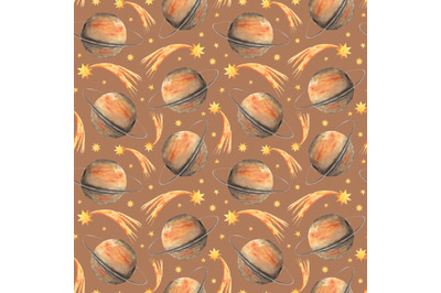 Saturn watercolor seamless pattern. Space, planet, star, comet.