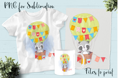 Cute raccoon sublimation. Design for printing.