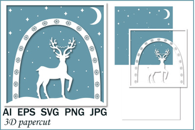 3D greeting card&2C; Christmas deer&2C; multi-layered illustration