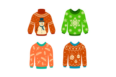 Knitted jumpers with christmas patterns. Xmas elements. Woolen ugly sw